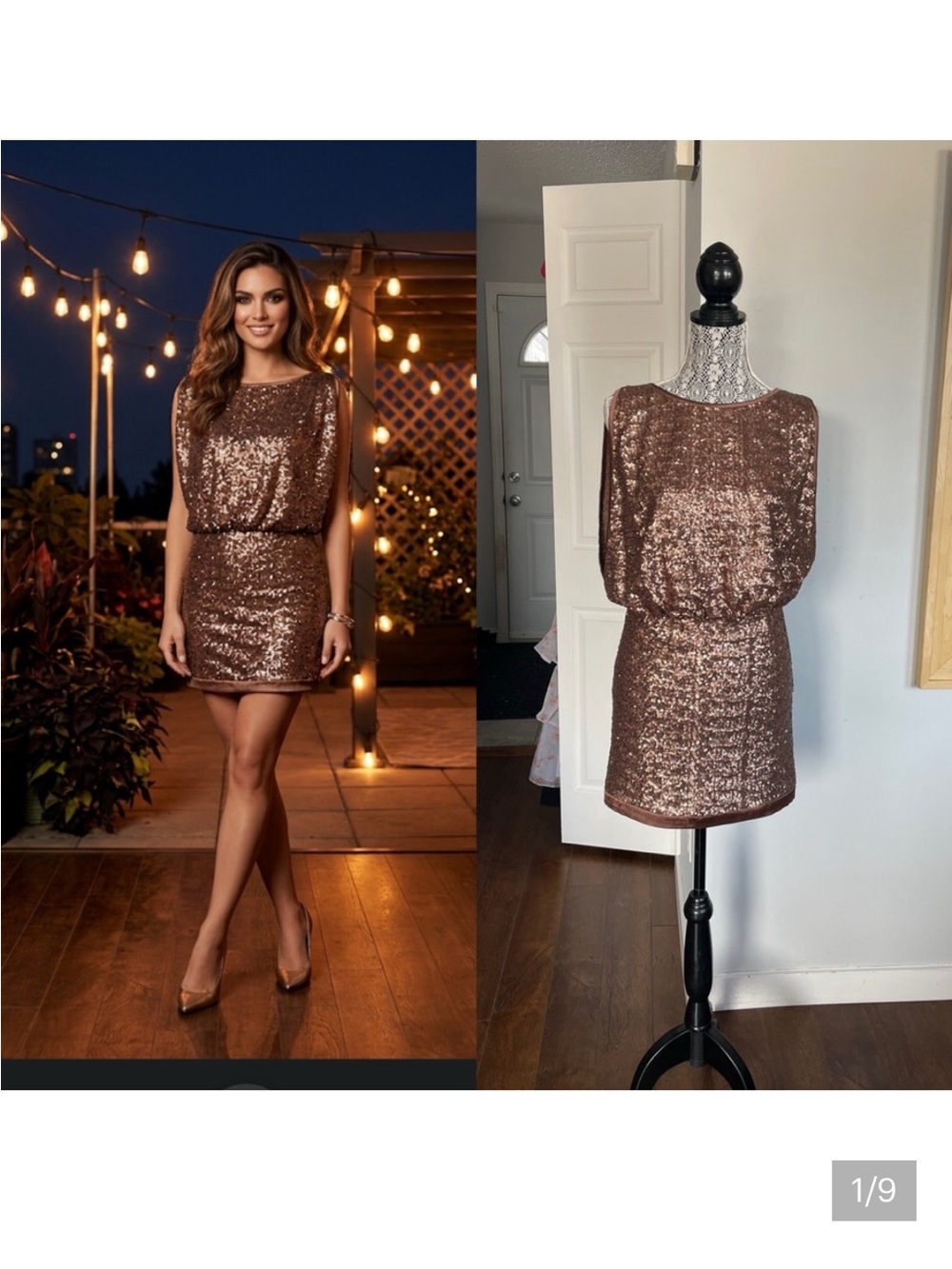 Laundry by Shelli Segal Bronze Sequin Party Dress Satin Lining Size 4.